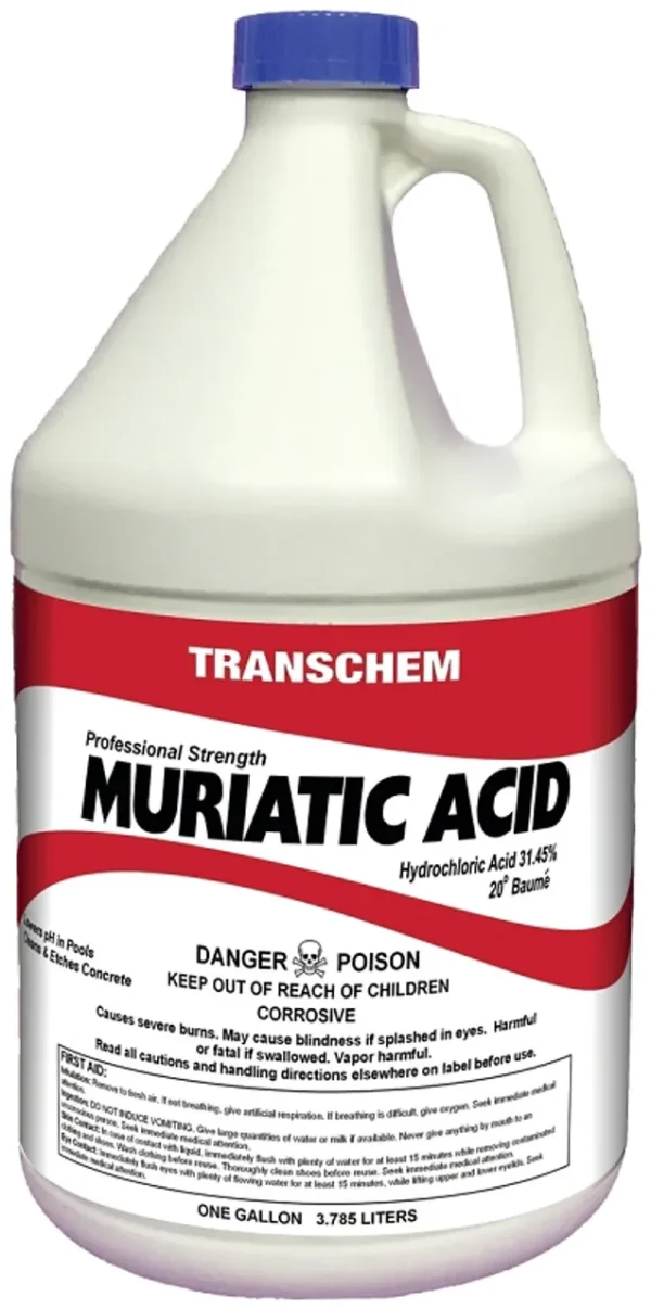 Tackle tough cleaning tasks with Muriatic Acid. This highly corrosive solution is perfect for cleaning brick, etching concrete, and maintaining swimming pools. Product Description Muriatic Acid 1 Gallon is a potent cleaning and etching solution, chemically identical to Hydrochloric Acid (HCl). Known for its strong corrosive properties, it effectively breaks down materials and residues, making it an excellent choice for industrial and household cleaning projects. This acid is commonly used to clean brick, remove tough stains, etch concrete for better adhesion, and maintain swimming pools. Its versatility makes it an essential product for professionals and homeowners tackling heavy-duty cleaning and restoration tasks. While highly effective, this product requires careful handling due to its strong corrosive nature and should always be diluted as needed. Muriatic Acid 1 Gallon Specifications Type: Inorganic acid (HCl) Strength: Highly corrosive Application Areas: Cleaning brick and masonry Etching concrete surfaces Swimming pool maintenance Cleaning metals (with proper precautions) Key Features: Breaks down tough residues and deposits Prepares concrete for coatings or sealers Ideal for industrial and household applications Can be diluted with water for various tasks Muriatic Acid Additional Features Multi-Use Formula: Suitable for cleaning, etching, and stain removal across different materials. Powerful Performance: Handles stubborn grime and residues that regular cleaners cannot. Customizable Strength: Can be diluted to achieve the desired intensity for specific applications. Industrial-Grade Solution: Designed for professional-grade cleaning and preparation tasks. Versatile Applications: Used in construction, maintenance, and pool care. Warranty Information Muriatic Acid 1 Gallon does not include a manufacturer warranty. Always follow usage instructions carefully and use appropriate safety equipment during handling. Customer Reviews Purchase and Shipping Muriatic Acid 1 Gallon is available for purchase. Order online today and select fast shipping options to start your project immediately. Frequently Asked Questions Q1: Can this product be used indoors? A1: Muriatic Acid can be used indoors, but ensure proper ventilation to avoid inhaling fumes. Q2: How do I dilute it for concrete etching? A2: Typically, a 1:10 acid-to-water ratio works well for concrete etching. Always add acid to water, not the other way around. Q3: Is it safe for use in swimming pools? A3: Yes, it’s commonly used to lower pH levels and remove mineral deposits in pools. Follow the pool maintenance instructions carefully. Q4: Will it damage painted surfaces? A4: Yes, Muriatic Acid is highly corrosive and will remove paint. Avoid contact with painted surfaces unless paint removal is the goal. Q5: Can it be used on metal surfaces? A5: It can clean certain metals but may corrode others. Always test on a small area first and rinse thoroughly after application.